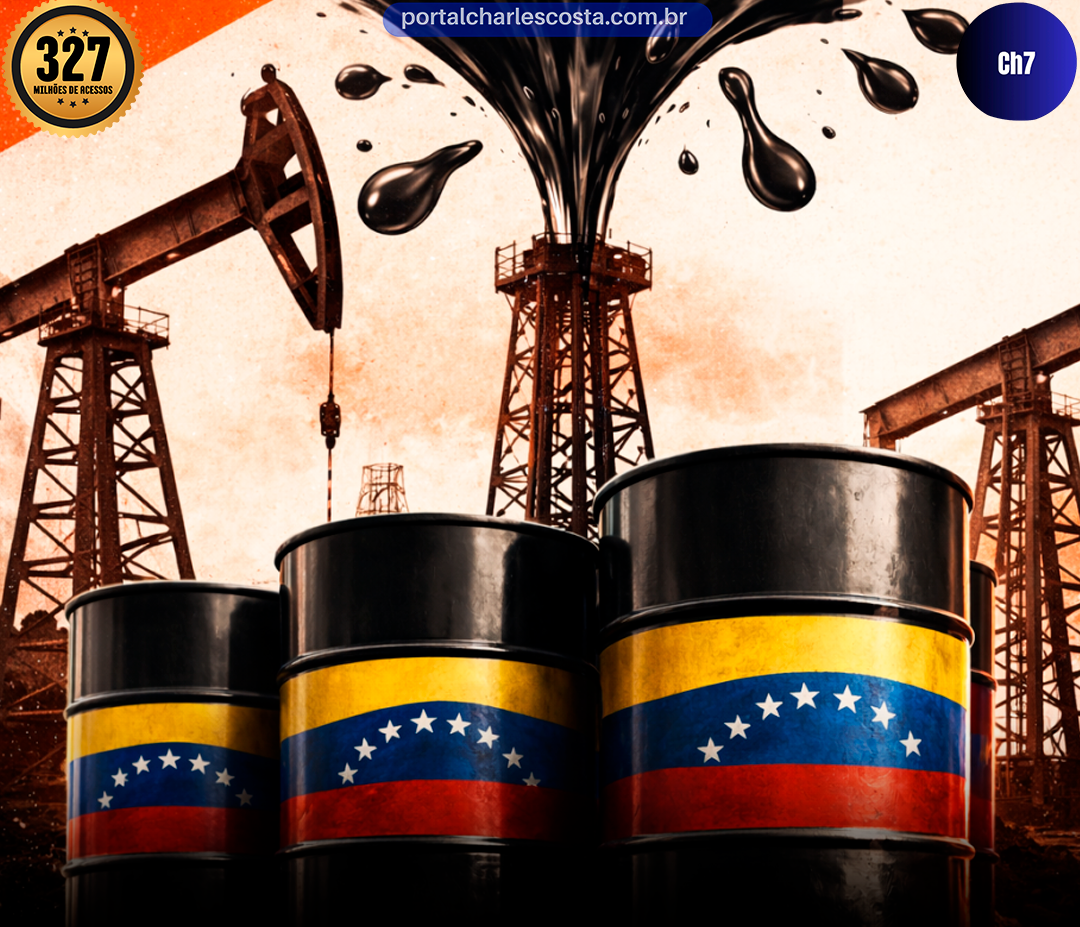 poço e barris de petroleo com bandeira venezuelana