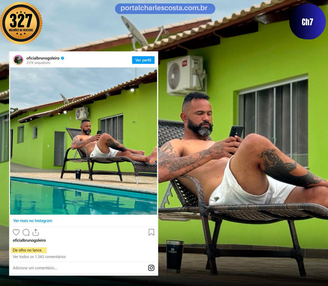 Goleiro bruno em sua espreguiçadeira fazendo uma postagem nas redes sociais