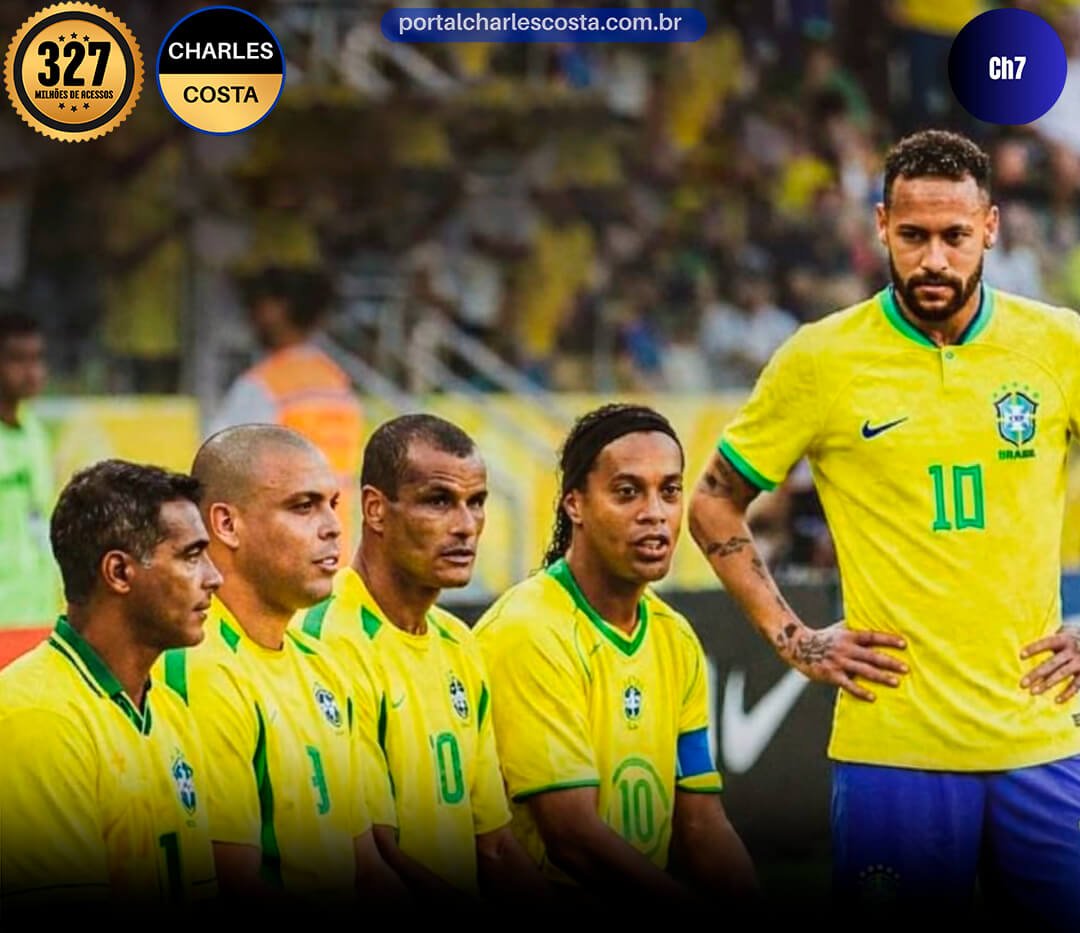 Neymar. os ronaldos, Romário e Rivaldo em campo, aruibancada lotada