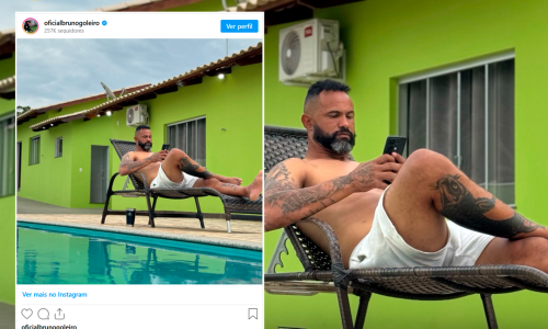 Goleiro bruno em sua espreguiçadeira fazendo uma postagem nas redes sociais
