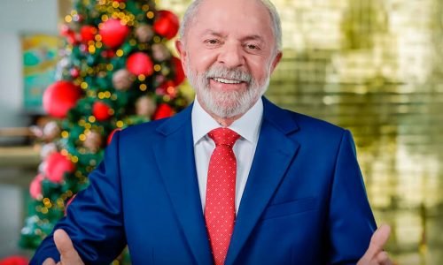Lula e ao fundo uma árvore de natal